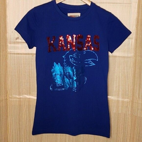 University Of Kansas Womens Blue Metallic Sequin Shirt Medium - Picture 1 of 4